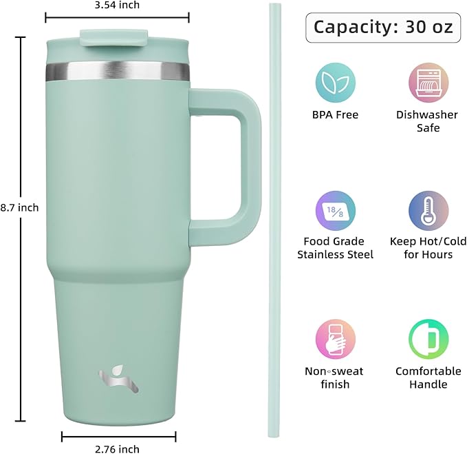 30 oz Tumbler with Handle and 2 Straws,2 in 1 Lid Insulated Water Bottle Stainless Steel Travel Coffee Mug,Retro Green
