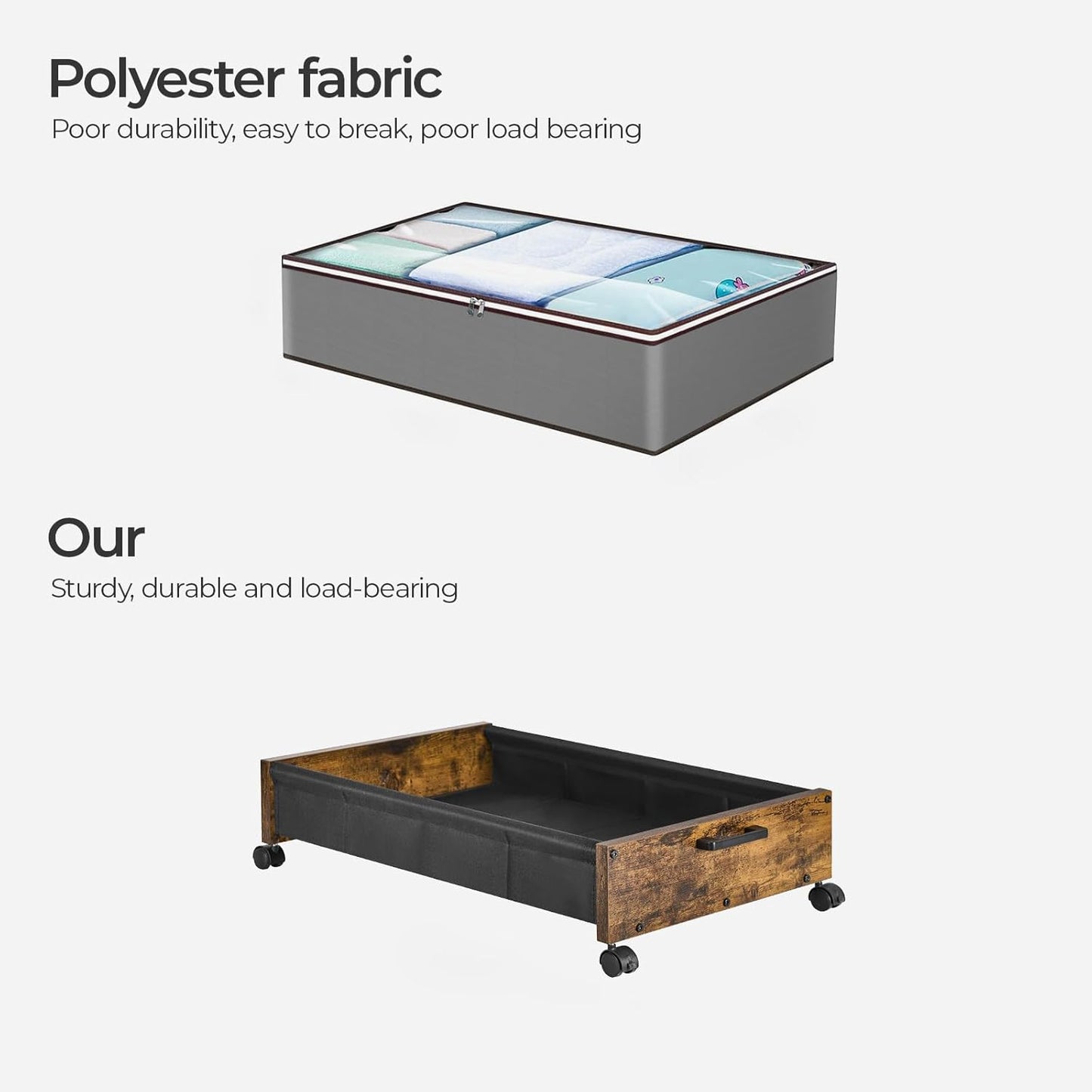 Under Bed Storage with Wheels, Wooden Under Bed Drawers On Wheels, Rolling Under Bed Shoe Storage, Space Saving, Rustic Brown,50L