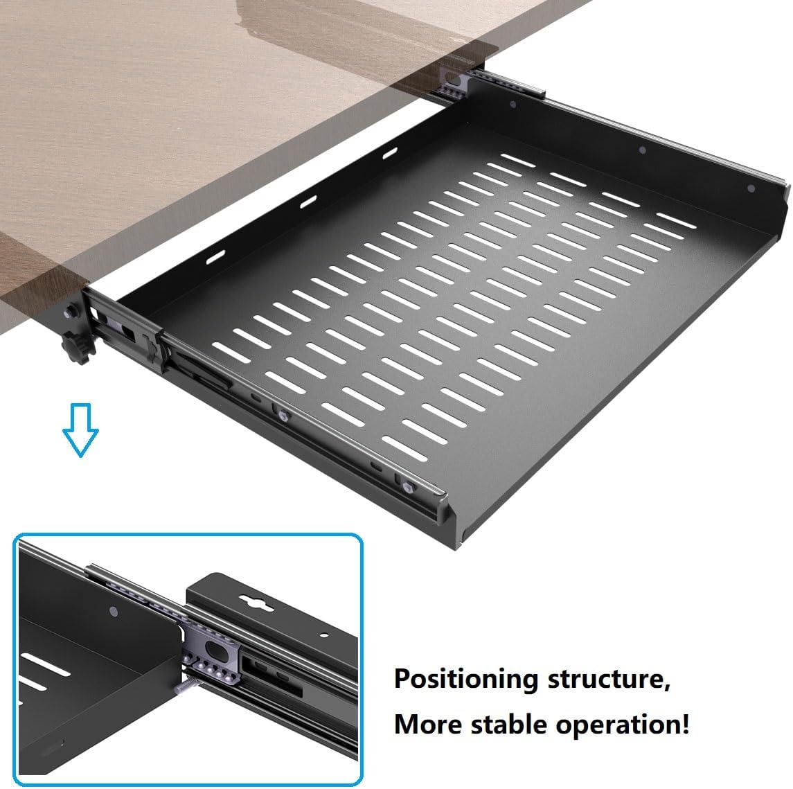 JINGCHENGMEI Sliding Under Desk Laptop Mount Shelf with Air Vents, W 16.3" x D 12" Metal Under Desk Slide Out Tray for Laptop (16 Inch Wide)