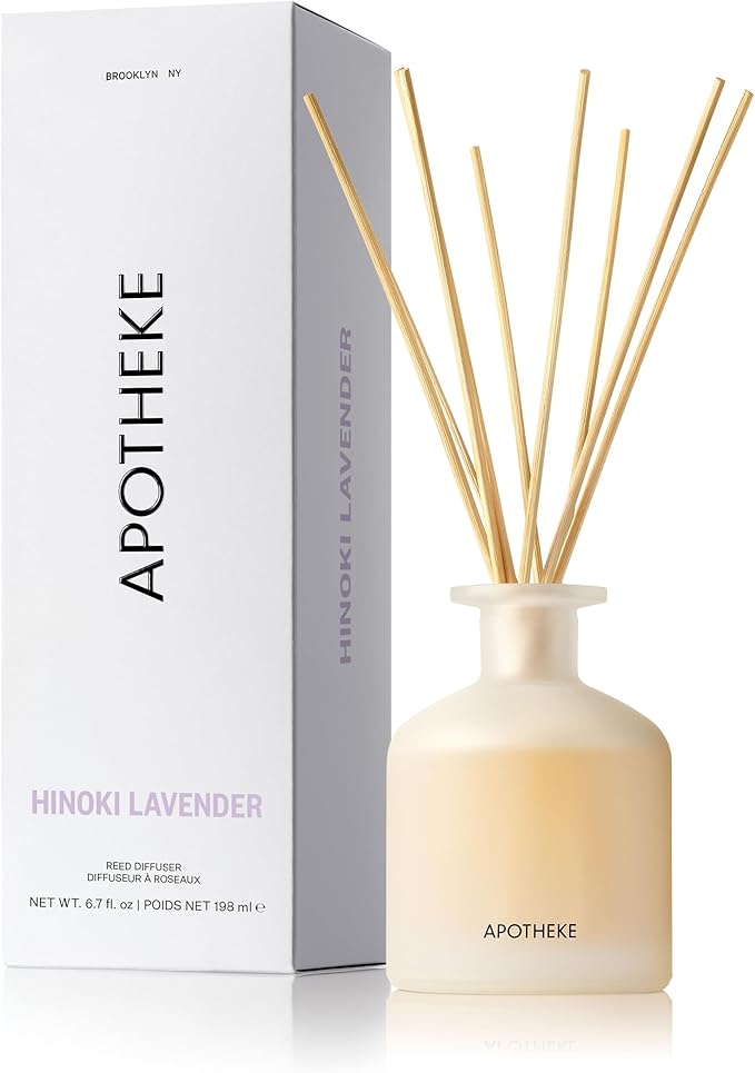 Apotheke Luxury Scented Reed Diffuser for Home, Hinoki Lavender - 6.7 Fl Oz Essential Oil Aromatherapy - 10 Rattan Scent Sticks Room Diffuser - Long-Lasting Fragrance for Bedroom, Home, Bathroom