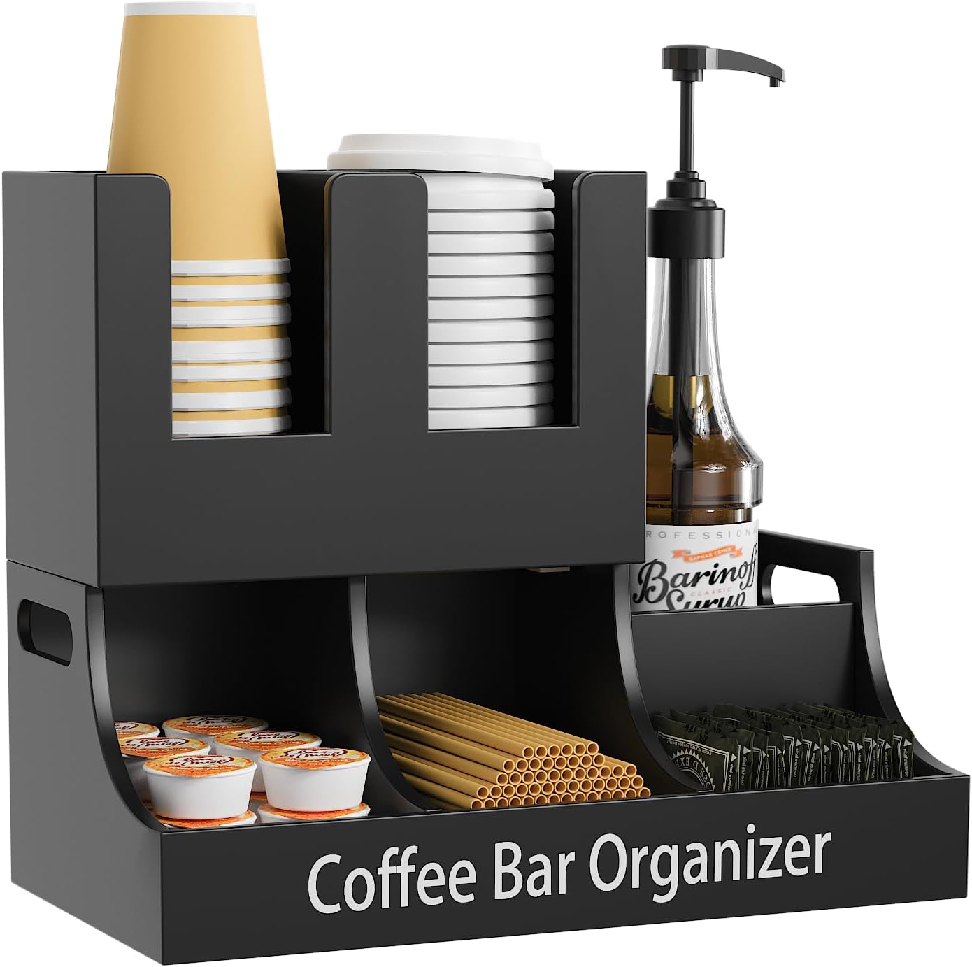 Coffee Station Organizer, Wooden Coffee Bar Organizer for Countertop, Condiment and Cup Storage Organizer, Bar Accessories for Kitchen, Office, Home, Small Black