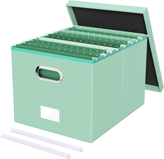 Oterri File Organizer Box,Filing Box with Lid,File Box for Letter/Legal File Folder Storage, Portable Hanging File Box for Office/Decor/Home,1 Pack, Mint-green(Leather),Box only