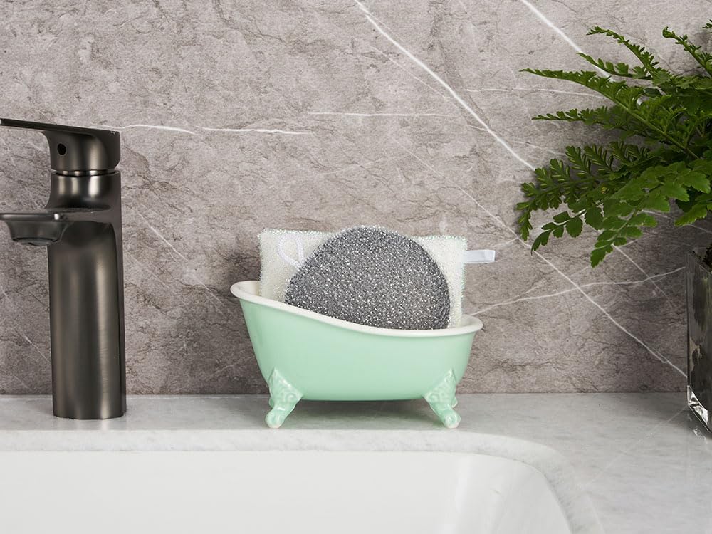 6.1" Vintage Ceramic Mini Decorative Clawfoot Bathtub Bar Soap Dish, Kitchen Sponge Holder and Shower Tray for Bathroom, 1 Pack (Bright Teal)