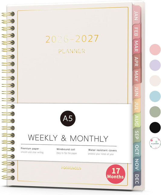 Forvencer Planner 2026-2027, 17 Month Weekly and Monthly Calendar Planner, Jan 2026 -May 2027, 6.3" x 8.4", Daily Agenda Book with Tabs, College Organizer Notebook, School Supplies for Student Teacher Classroom, A5, Beige