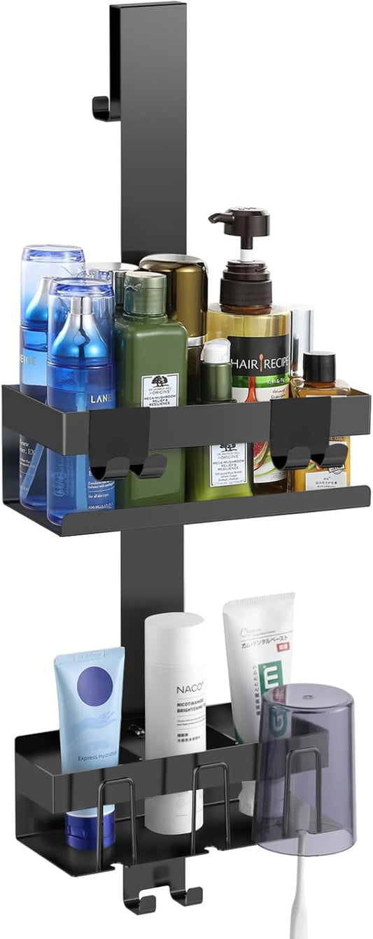 Emibele Over The Door Shower Caddy 2 Tier, 304 Stainless Steel Hanging Shower Caddy Rustproof Shower Shelves, No Drilling Hanging Shower Organizer for Bathroom Glass Door, Black