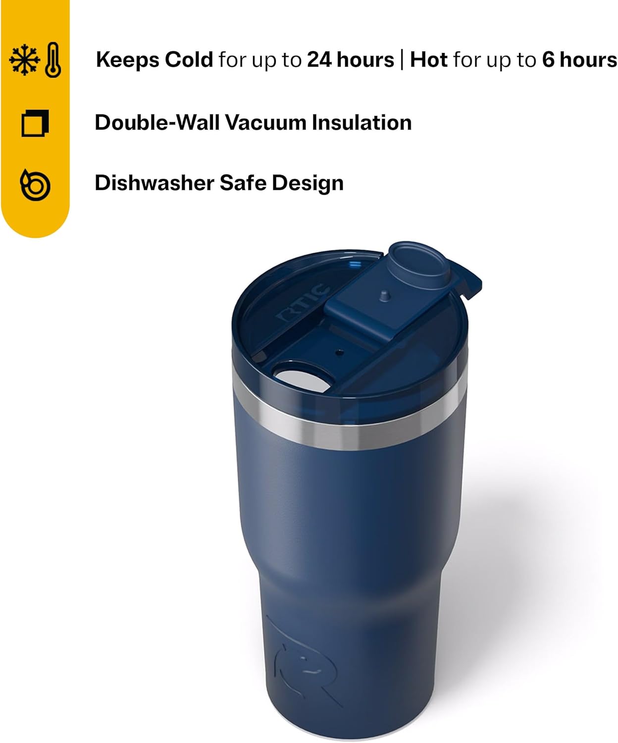 RTIC 20oz Essential Tumbler with Lid, Ceramic Lined, Insulated, Stainless Steel, Metal, Double Wall Vacuum-Insulation, Travel Cup for Iced Coffee, Tea, Hot and Cold Drink, Navy