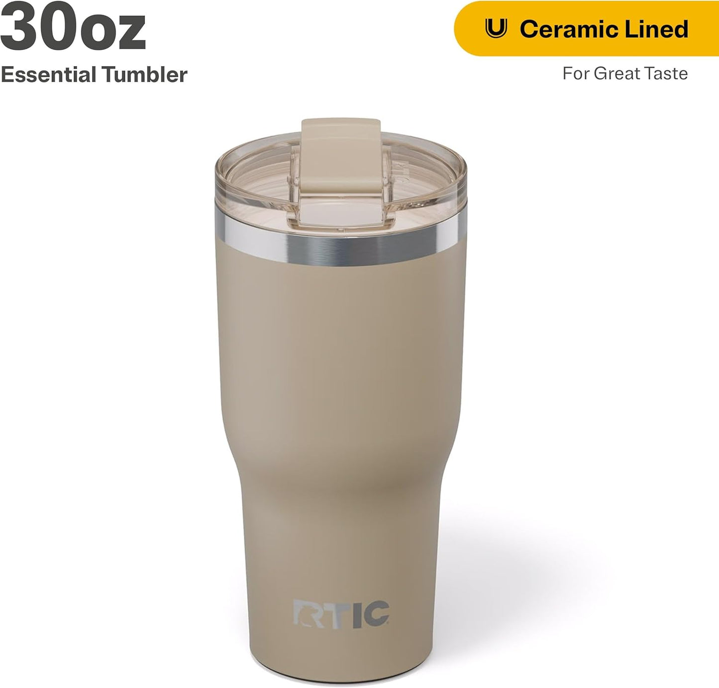 RTIC 30oz Essential Tumbler with Lid, Ceramic Lined, Insulated, Stainless Steel, Metal, Double Wall Vacuum-Insulation, Travel Cup for Iced Coffee, Tea, Hot and Cold Drink, Beach