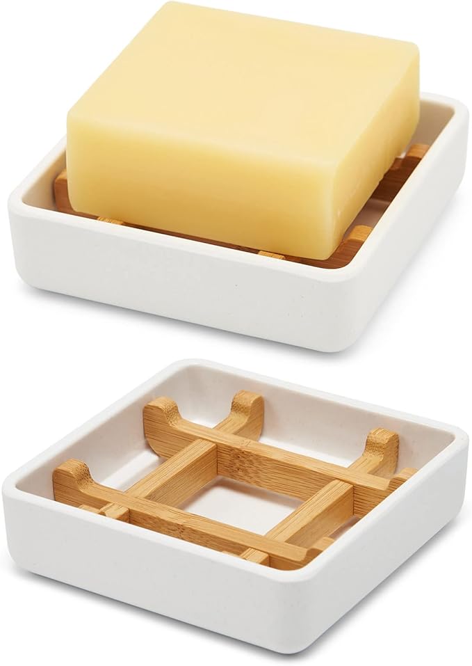 Bamboo Soap Dishes for Bar Soap Holders for Shower for Bathroom Sink Bulk Small Wooden Soap Tray Jabonera Pretty Neat Ventilated Soap Dish Disj Disk, Detachable (Single Right Angle White)