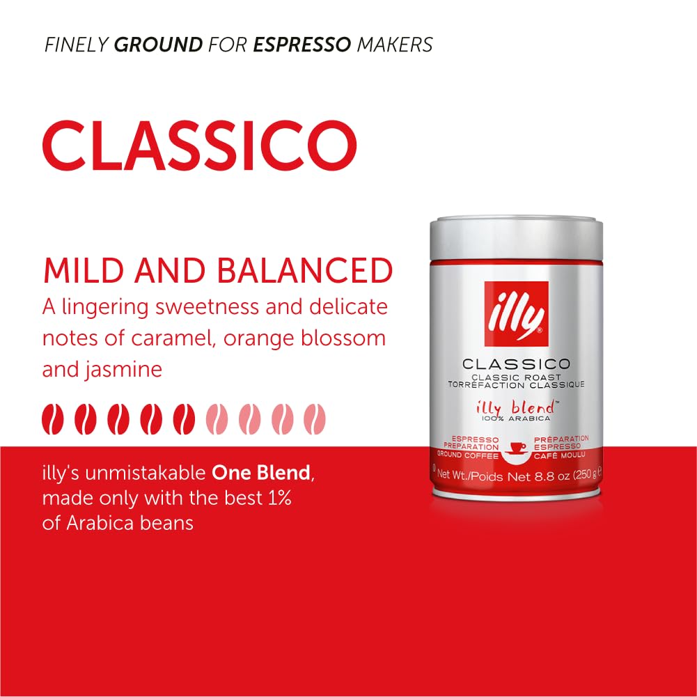 illy Ground Coffee Espresso - 100% Arabica Coffee Ground – Classico Medium Roast - Notes of Caramel, Orange Blossom & Jasmine - Rich Aromatic Profile - Precise Roast - No Preservatives – 4.4 Ounce
