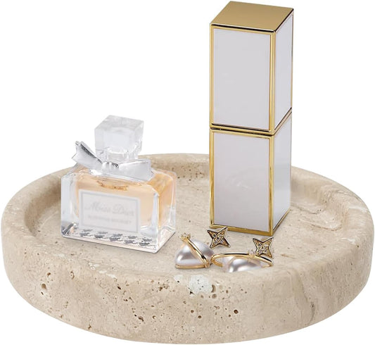 Travertine Tray, Small Ceramic Vanity Tray for Bathroom Counter Decor, Round Marble Decorative Trays for Coffee Table (Beige, Small Size)