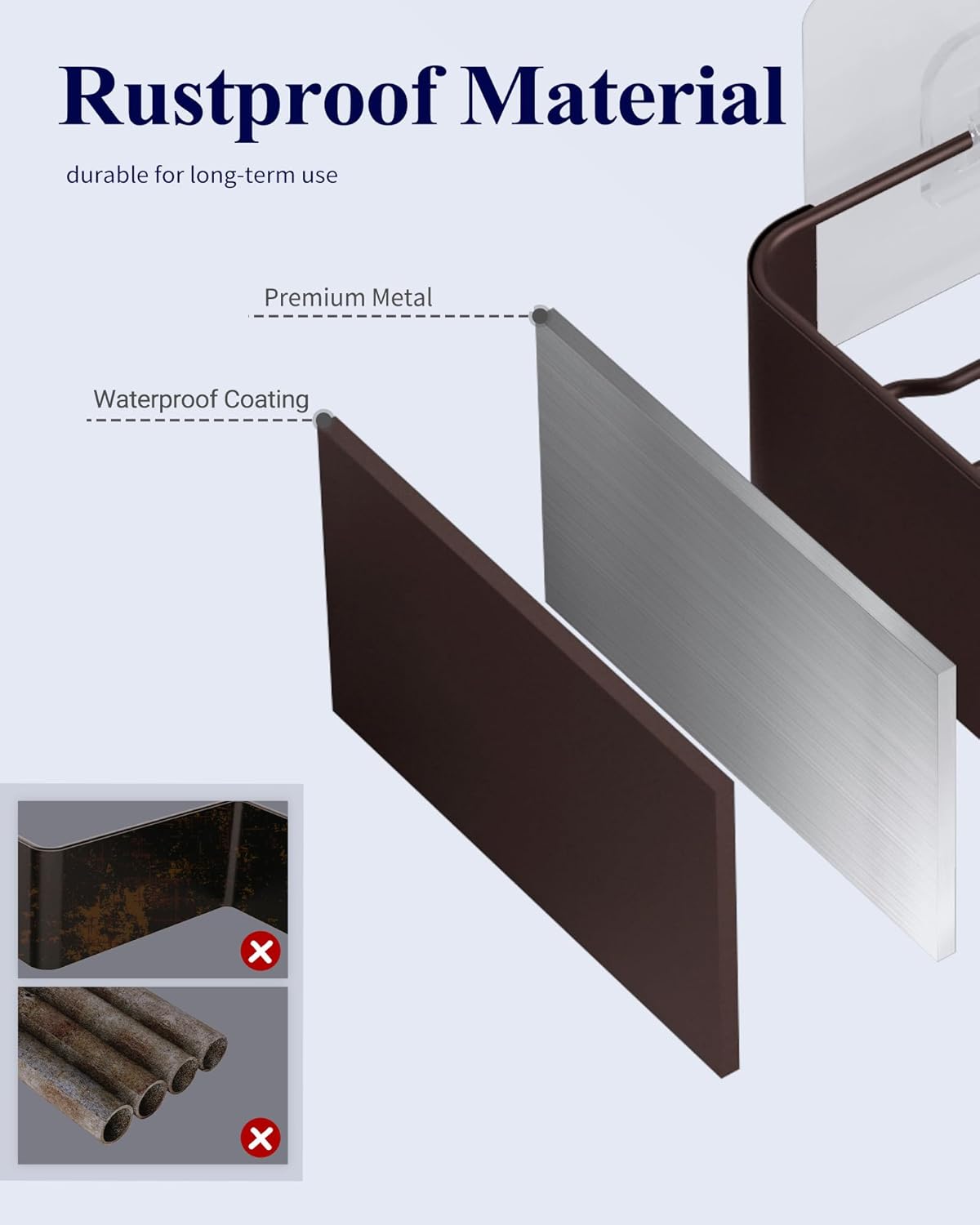 Kitsure Shower Caddy - 2 Pack Adhesive Shower Organizer, Rustproof Metal Shelves, No-Drill Bathroom Organizers and Storage, Brown, Large