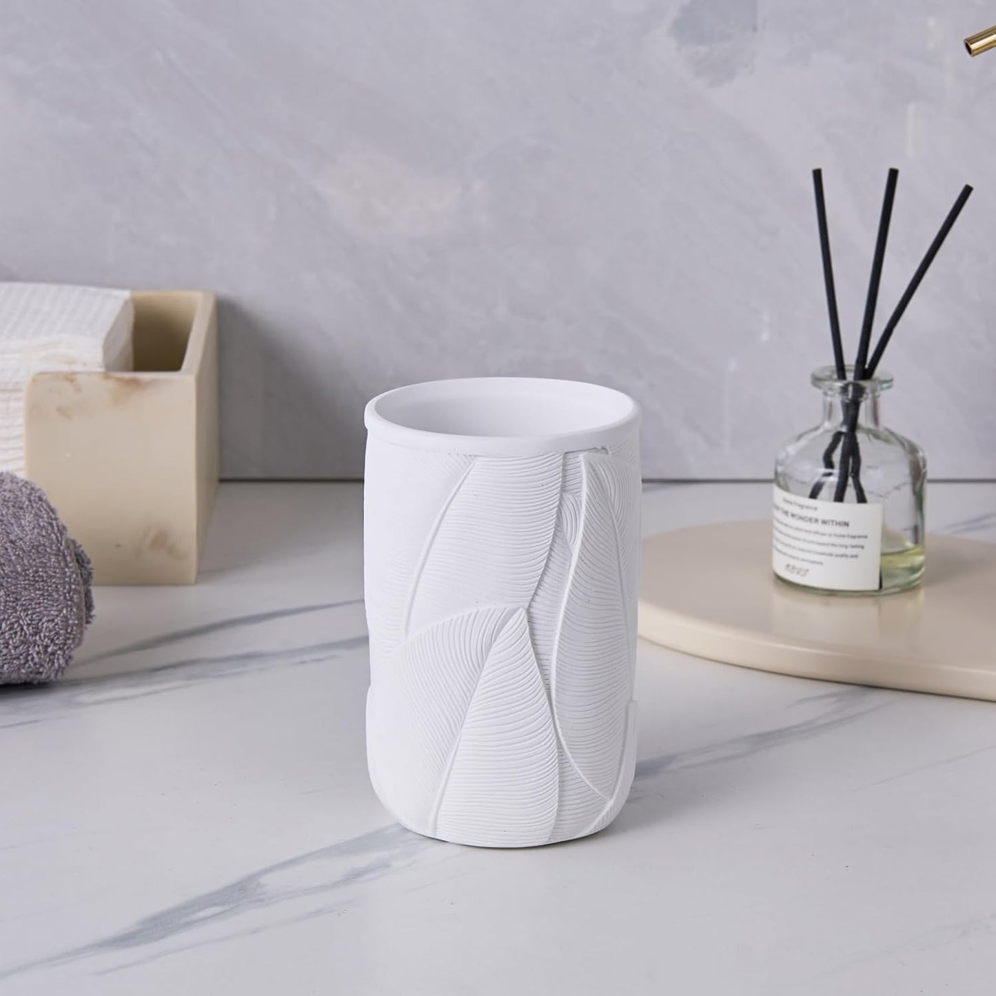 Tropical Leaves Carved Bathroom Accessories Set 3 Pcs for Countertop - Toothbrush Holder Cup, Foaming Soap Dispenser, Soap Dish - Modern Bathroom Décor Accessory Set for Housewarming Gift (White)