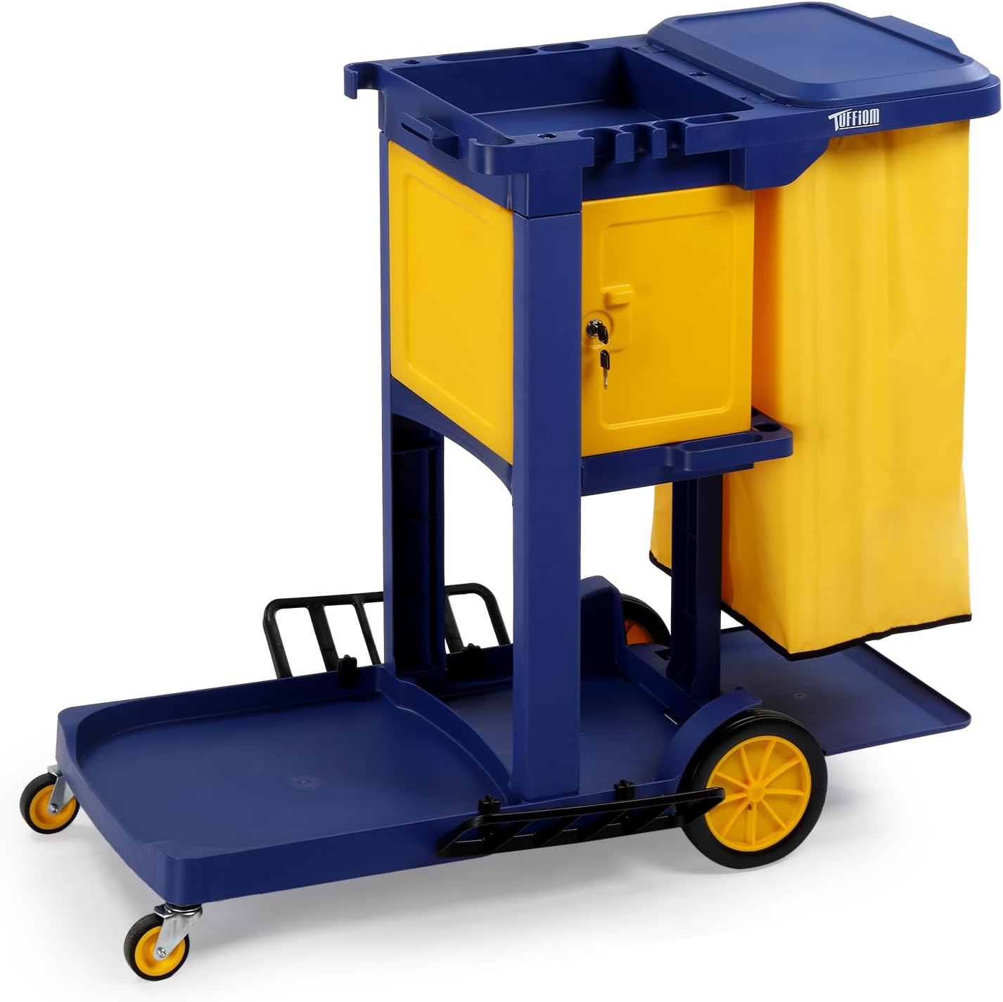 TUFFIOM Multifunctional Janitorial Cart with Key-Locking Cabinet,Cleaning Carts on Wheels,with 15 Gallon Collection Bag,500 lbs Capacity, Yellow&Blue