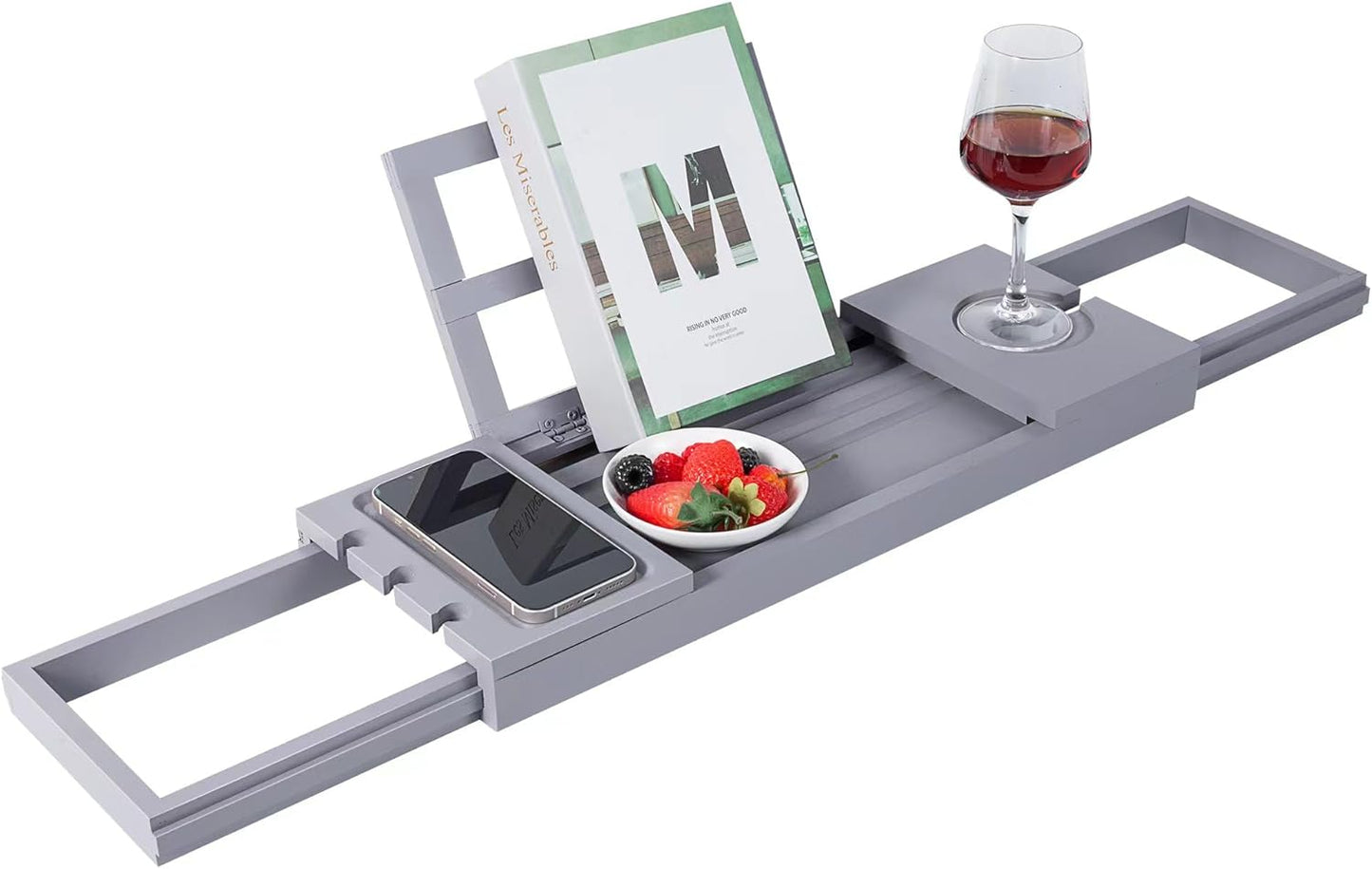 Utoplike Bathtub Tray Caddy Bamboo, Grey Bath Table for Tub Adjustable, Bathroom Organizer with Book Tablet Wine Glass Cup Towel Holder