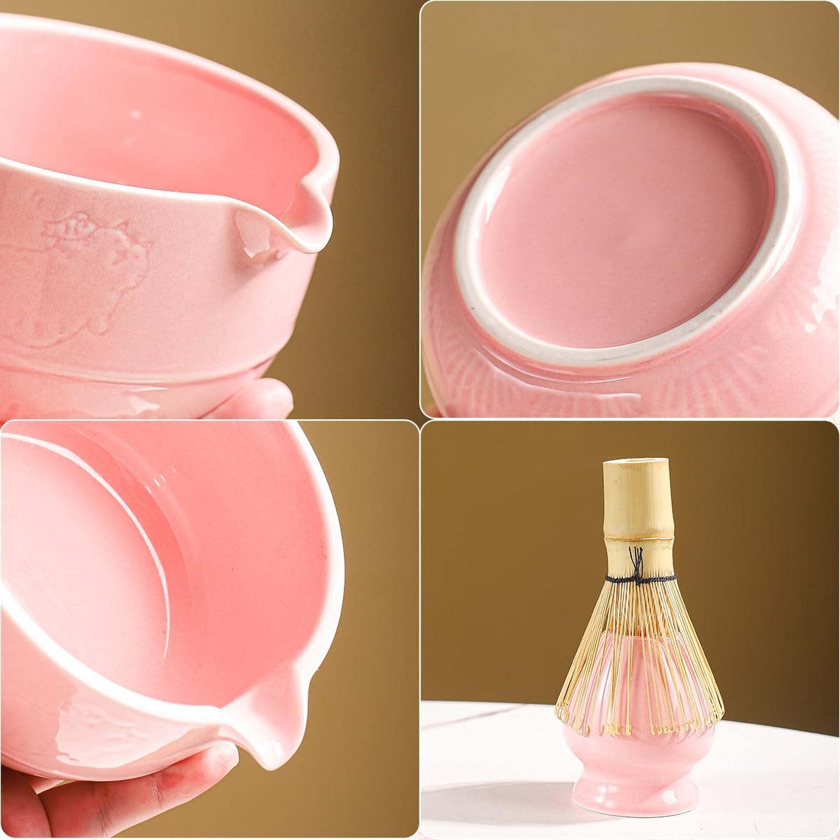 Matcha Tea Set, 5-Piece Ceramic Matcha Bowl & Whisk Kit with Cute Cat Pattern, Traditional Japanese Chawan, Scoop & Sifter, Perfect for Tea Ceremony, Gift for & Tea Lovers (pink)