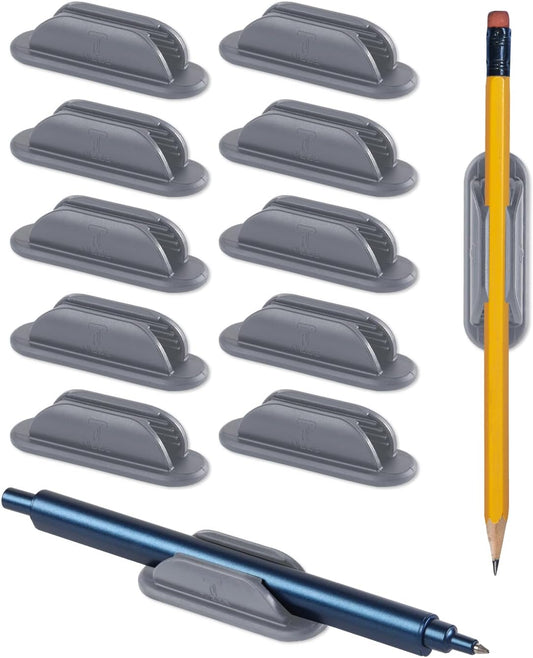 Adhesive Pencil Holders for Desk Set of 10 - Silicone Pen Holder with 15 PCS Adhesive Pads - Flexible Pencil Holder for Office Essentials Accessories and Teacher Supplies - Grey