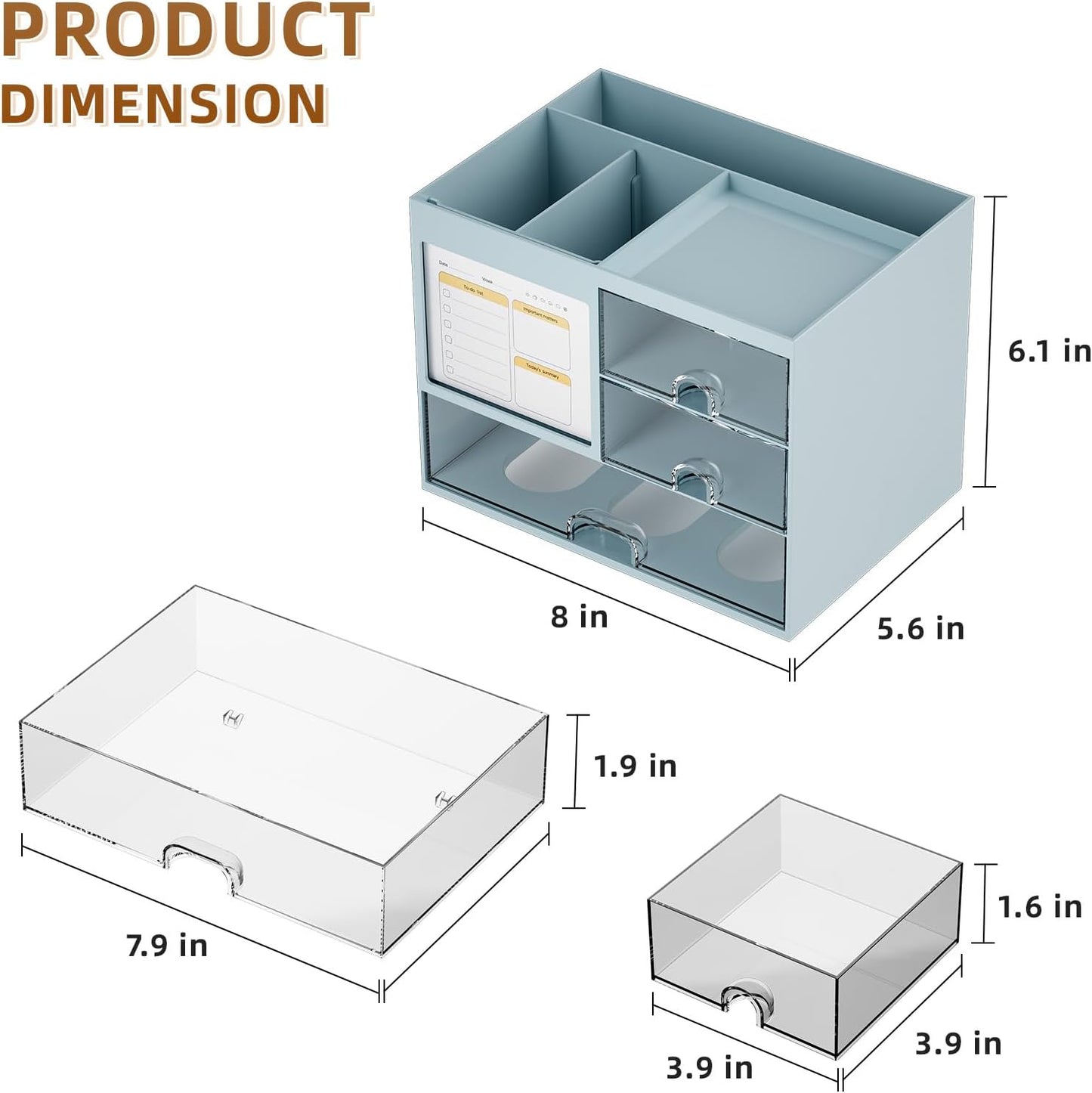 Marbrasse Desk Organizer with 3 Drawer, Multi-Functional Pencil Pen Holder for Desk, Desktop Organizer Storage for Office Home Art Supplies (Blue)