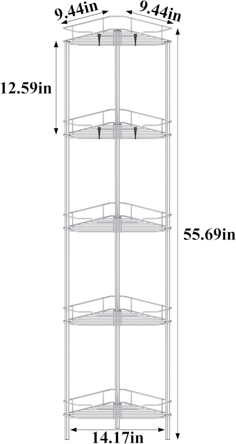 5 Tier Floor Standing Corner Shower Caddy Organizer Shelf with Hooks, Bathroom Shelves Stand Rack, Silver
