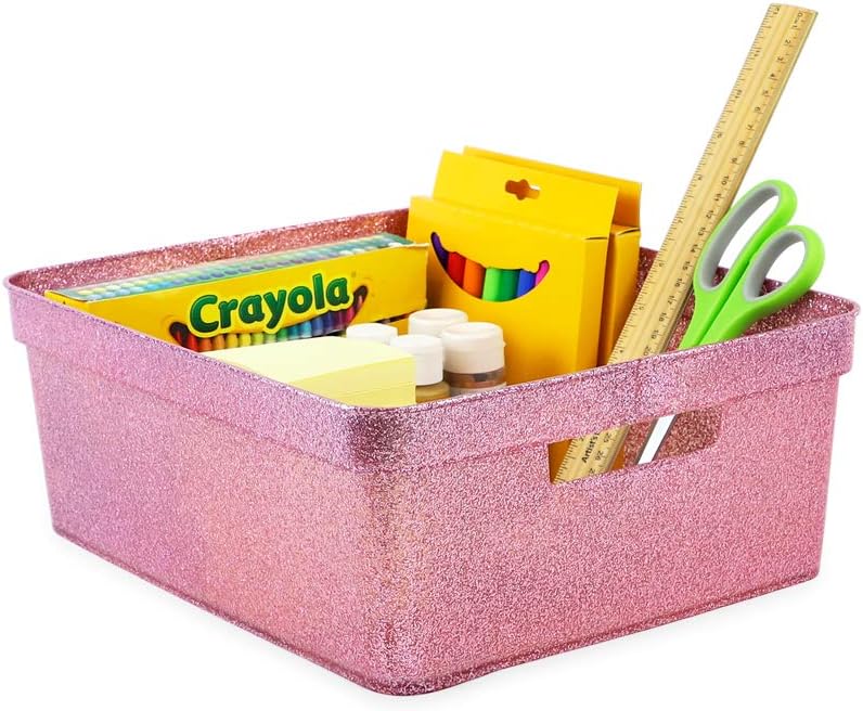 Isaac Jacobs Medium Glitter Storage Bin (14” x 11.5” x 5.5”) Set w/Cut-Out Handles, Plastic Organizer, Multi-Functional, Home Storage Solution, Kids Playroom, Bedroom, Closet (2, Pink)