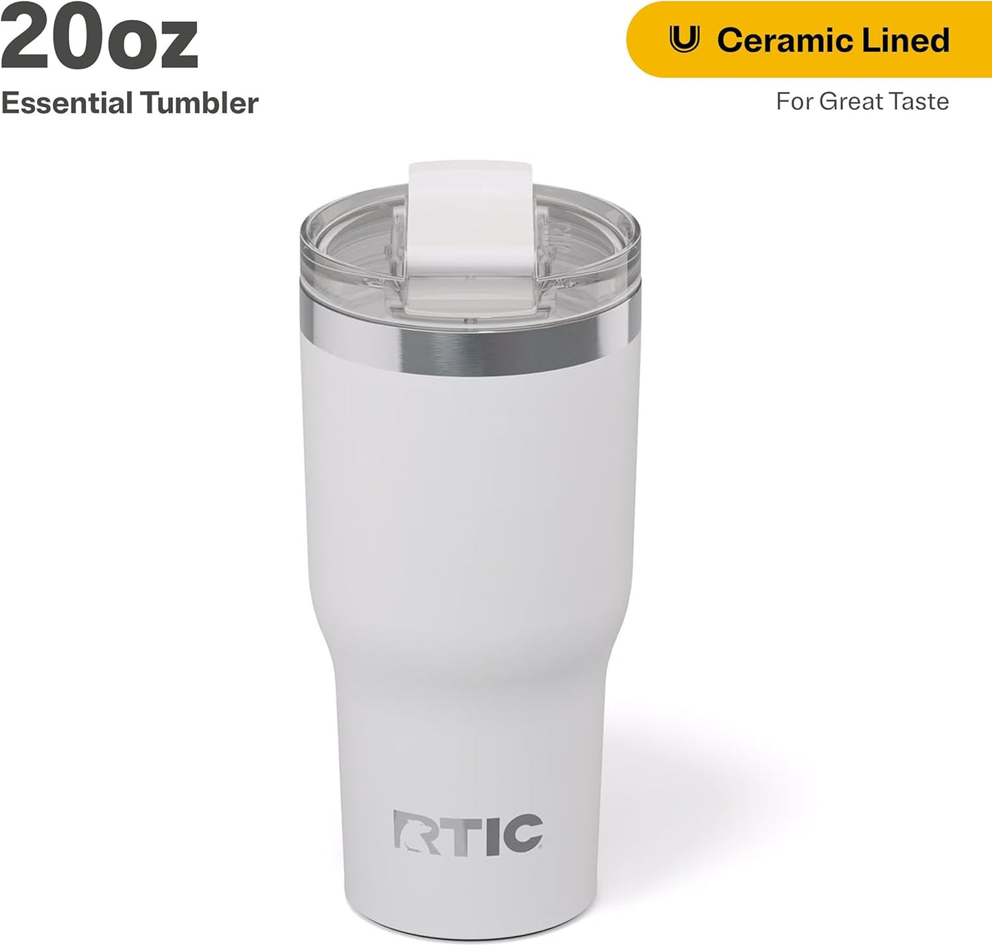 RTIC 20oz Essential Tumbler with Lid, Ceramic Lined, Insulated, Stainless Steel, Metal, Double Wall Vacuum-Insulation, Travel Cup for Iced Coffee, Tea, Hot and Cold Drink, White