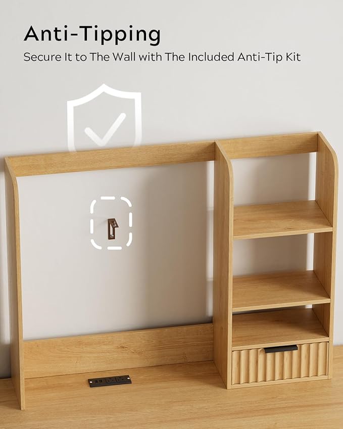 Desktop Bookshelf, Wood Desk Shelf with Fluted Drawer and 5 Shelves, Countertop Desk Hutch for Computer Desk, 3-Tier Display Rack Desk Shelf Storage Organizer for Dorm, Office, Natural Oak