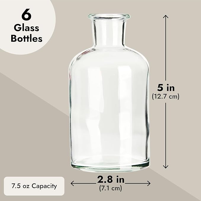 Farmlyn Creek Narrow Jar Vases - 2.8 in x 5 in, 7.5 oz, 6 Pack, Clear Glass - Apothecary-Style Jars & Glass Bottle Vases for Propagation & Mini Decorative Bottles