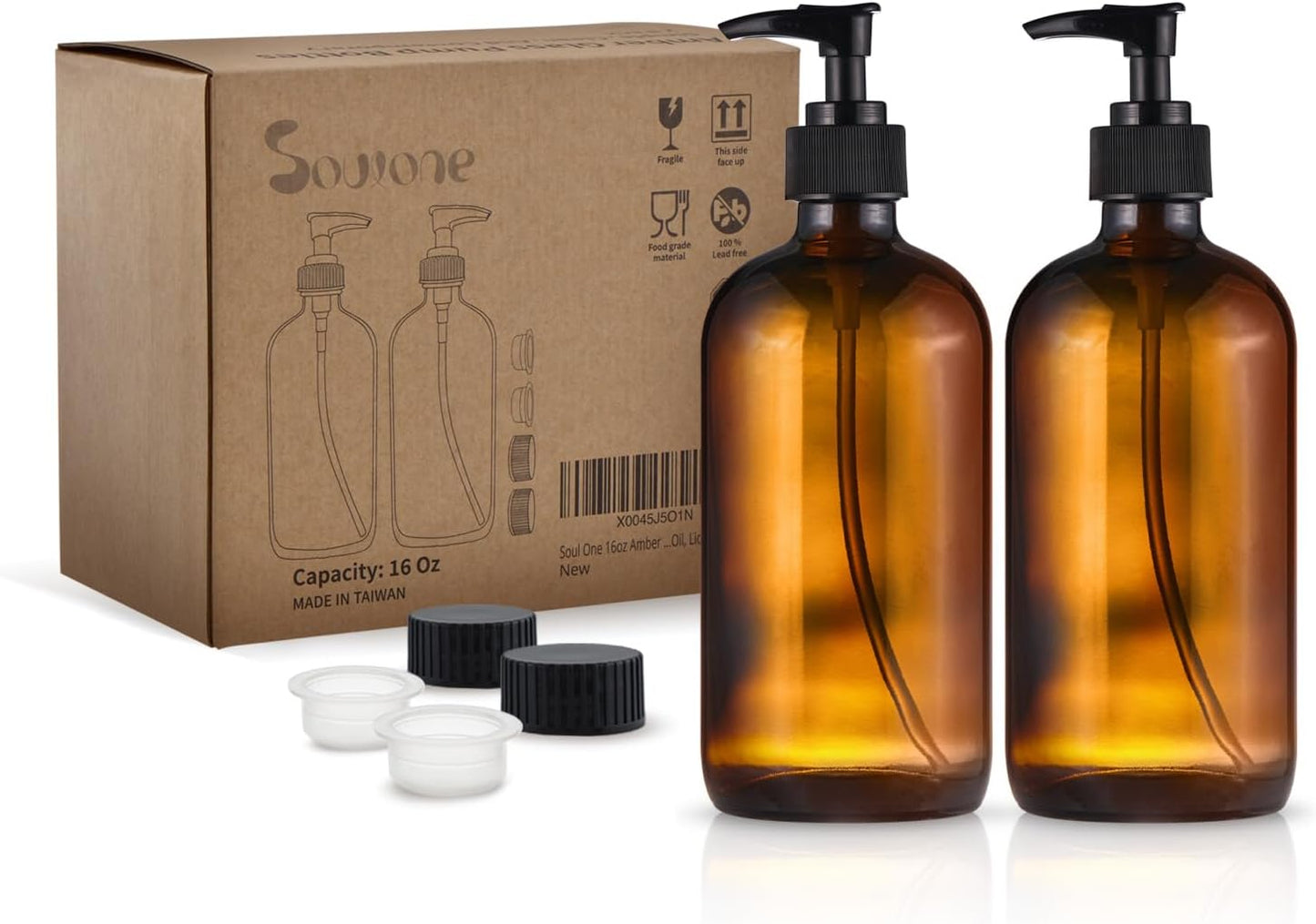SOUL ONE 16oz Amber Glass Hand Soap Dispenser, 2 Pack - Thick Pump Bottles for Bathroom, Kitchen, Countertop - Refillable Brown Bottles for Shampoo, Conditioner, Lotion, Oil, Liquid, Set of 2