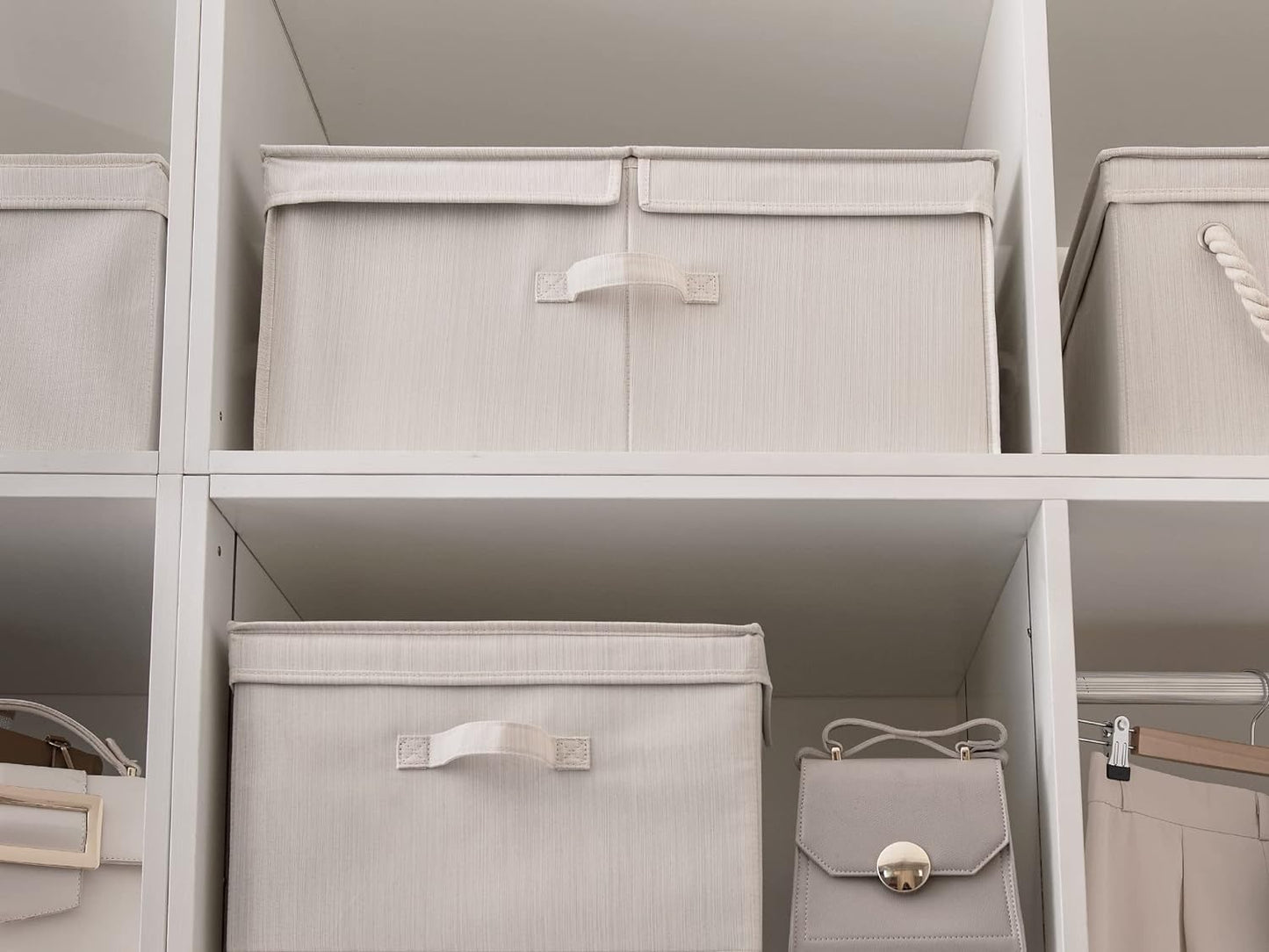 StorageWorks Extra Large Storage Bins with Lids, 55L Decorative Storage Bins with Double-Open Lid and Divider Board, Fabric Bins with Handles, Mixing of Beige, White & Ivory, 2-Pack