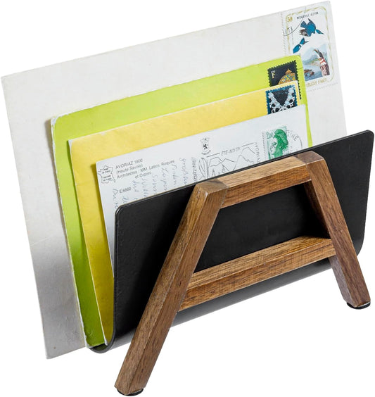 MyGift Modern Desktop Mail Holder, Urban Solid Acacia Wood and Matte Black Metal Tabletop Letter Sorter
