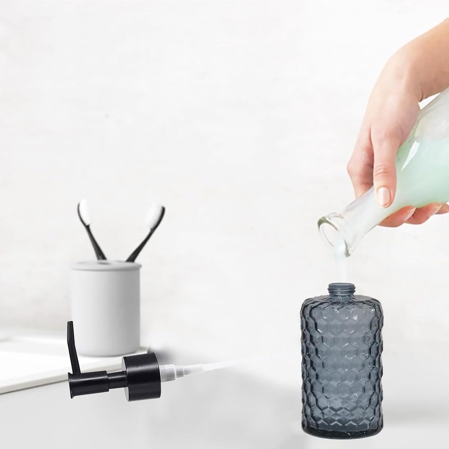 Glass Soap Dispenser with Plastic Pump, 17oz Liquid Hand Soap Dispenser for Kitchen & Bathroom, Great for Lotions, Essential Oil, Liquid Soaps (Grayish Blue)