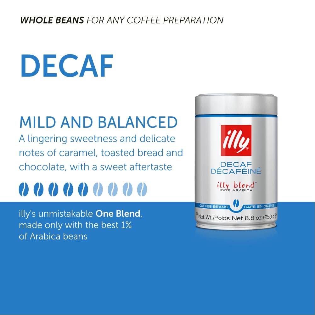 Illy Whole Bean Coffee, Decaffeinated - Medium Roast - Mild & Balanced - 100% Arabica - Whole Beans - Pressurized Packaging Sealed for Freshness - 8.8oz can (Pack of 6)