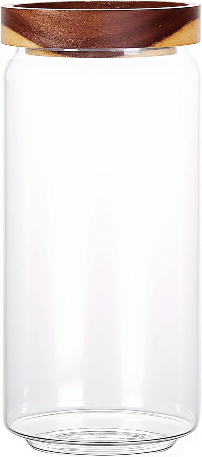 960ML/32Oz Clear Cute Glass Storage Canister Holder with Stackable Airtight Wood Lid, Modern Decorative Container Jar for Coffee, Spice, Candy, Salt, Cookie, Condiment, Pepper, Sugar