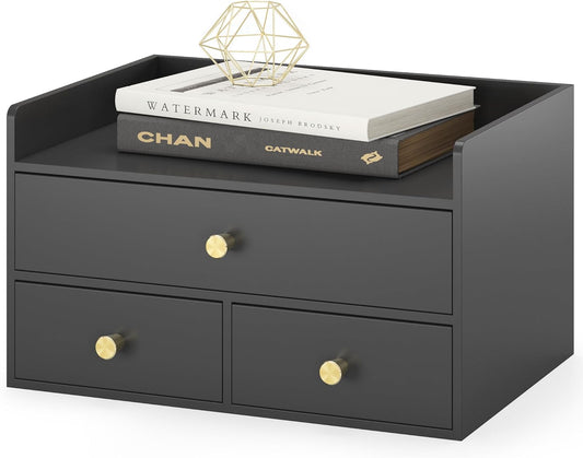 Bamboo Desk Organizer with Drawers Wooden Desktop Storage Drawers for Bills Office Supplies Kitchen Utensils Organizing Tool for Home Classroom Organization No Assembly (3 Drawers, Black)