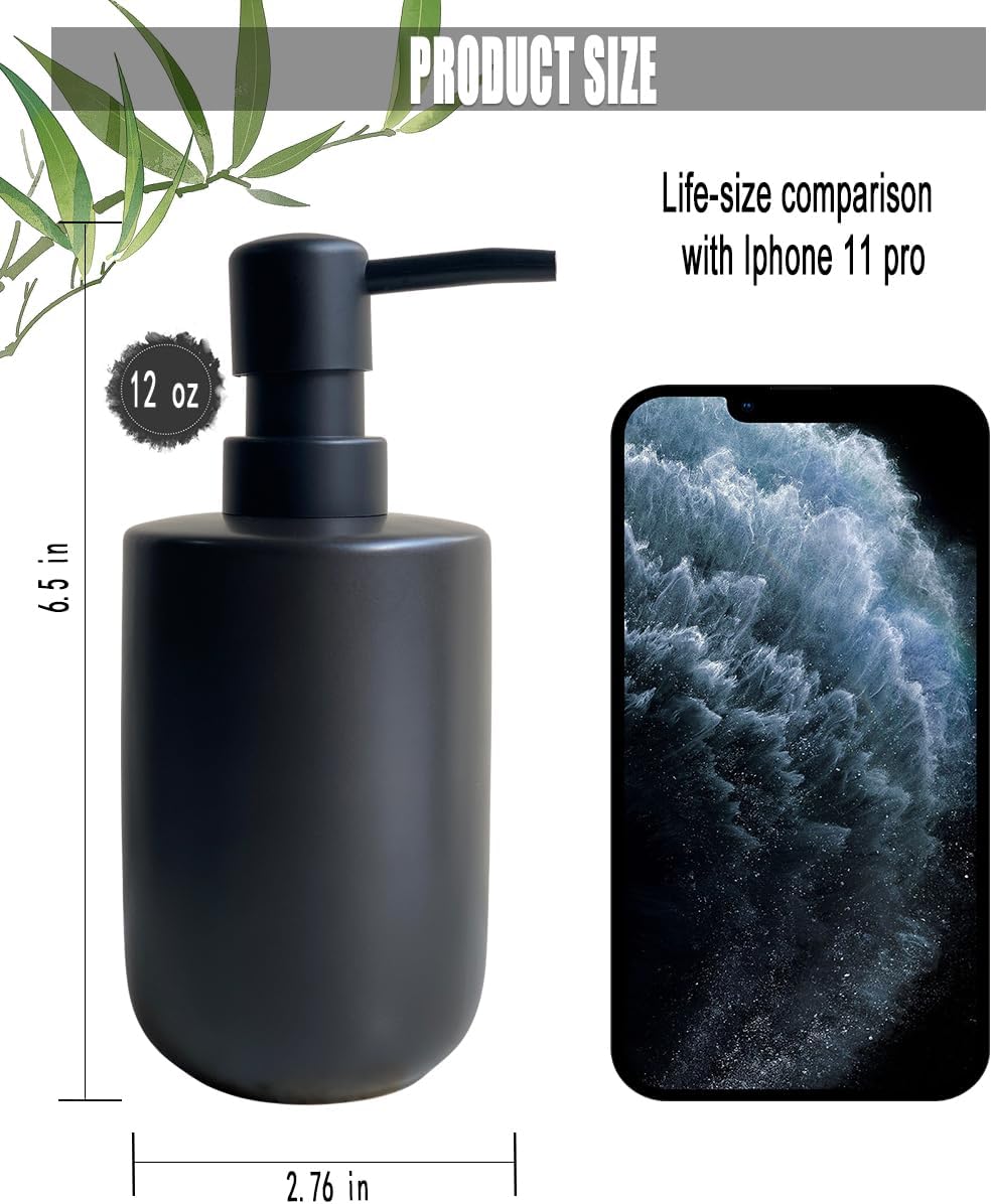 Soap Dispenser - Black Cylindrical Soap Dispenser for Bathroom and Kitchen, Ceramic with Plastic Pump