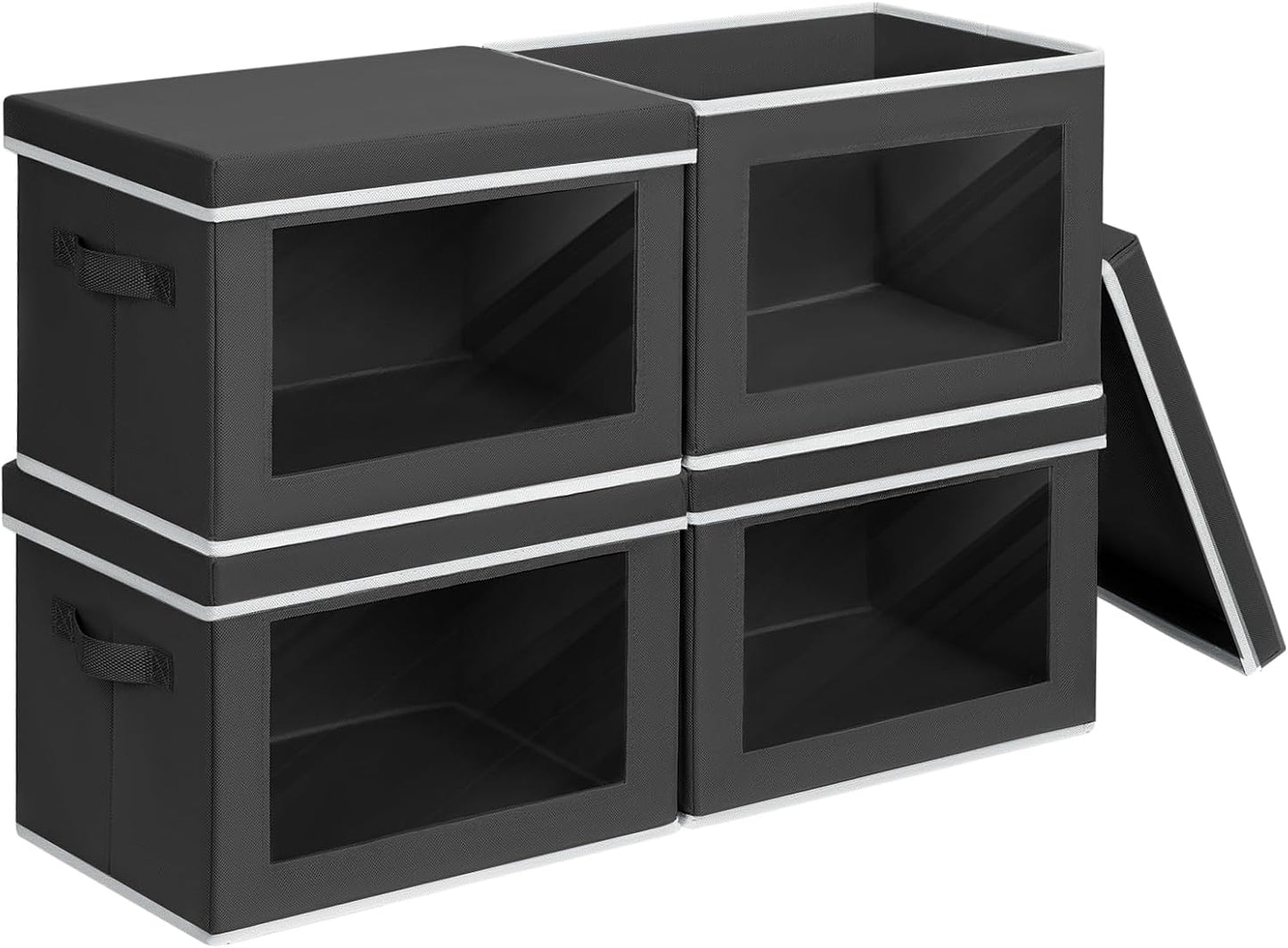 Storage Boxes with Lids - 4 Pack Fabric Clear Window Storage Bins, Large Decorative Storage Bins with Handles, Linen Closet Organizer for Clothes, Towel, Blanket, Black