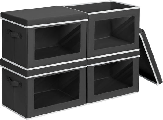 Foldable Storage Box with Lid - Closet Storage Organizer with Window, Storage Bins with Lids for Clothes, Fabric Storage Baskets for Shelves, Bedroom, Dorm, Black, 4 Pack