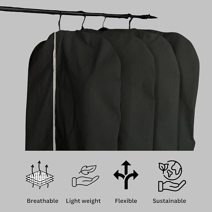 Premium 100% Cotton Garment Bags – 48" Black Canvas Suit Cover with YKK Zipper – Breathable, Dust-Proof Storage for Suits, Coats, Dresses, Jackets & Travel/Closet Use