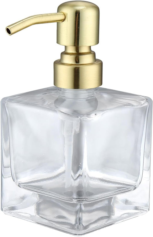 Square Bathroom Soap Dispenser Brushed Gold, Glass Bottles with Stainless Steel Pump 8.4 OZ Cube Liquid Soap Dispenser Hand Kitchen