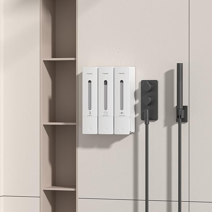 1984 Shower Soap Dispenser Bathroom Set Shampoo Conditioner Body Wash Dispenser Wall Mounted Shower Shampoo Dispenser 3 Chamber No Drill for Home Star Hotel 3 x 400ml Beige