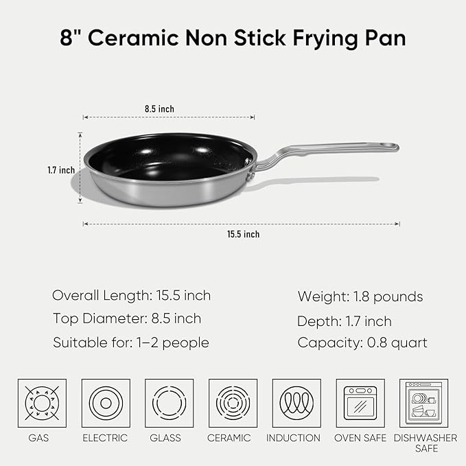 8 Inch Ceramic Non Stick Frying Pans - 5 Ply Stainless Clad Nonstick Skillet, Professional Cookware for Induction, All Stoves and Oven