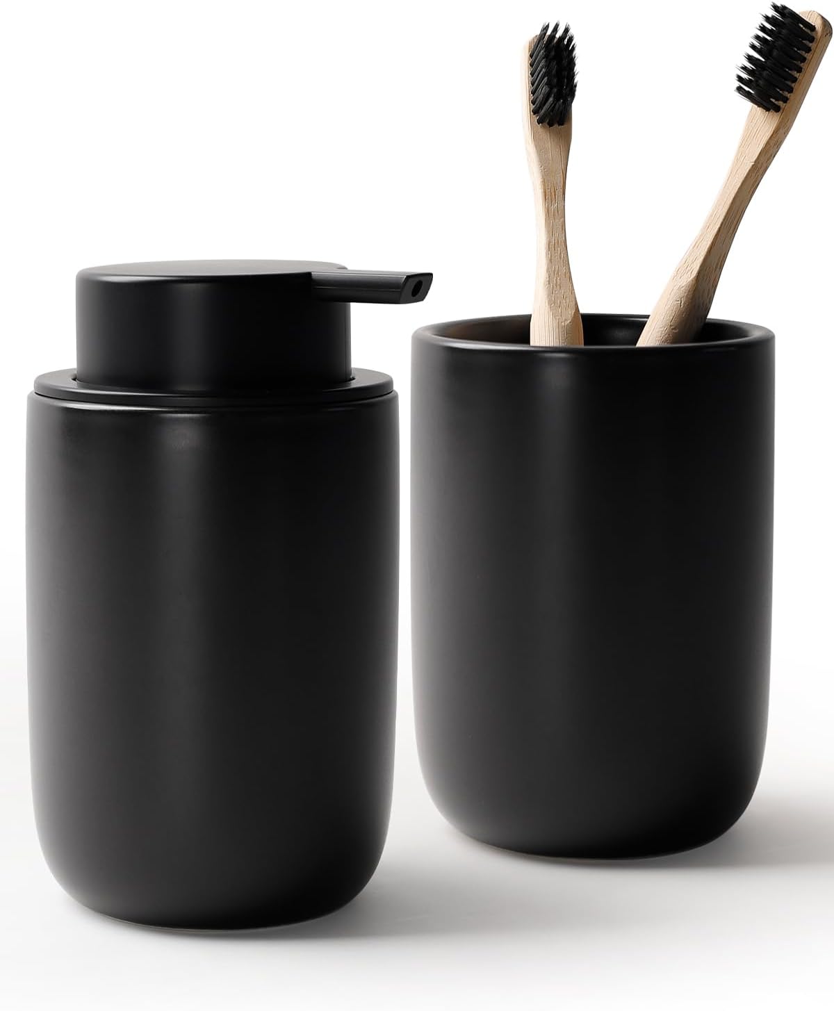 Bosilunlife Soap Dispenser and Toothbrush Holder Set - Dish Hand Soap Dispenser Bathroom Set Ceramic Bathroom Counter Soap Toothbrush Holder Set Black Bathroom Accessories Set