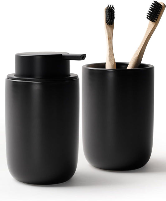 Bosilunlife Soap Dispenser and Toothbrush Holder Set - Dish Hand Soap Dispenser Bathroom Set Ceramic Bathroom Counter Soap Toothbrush Holder Set Black Bathroom Accessories Set
