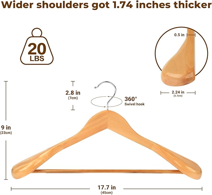 Coat Hanger 8-Pack, MEQUTION Wood Hangers Trouser Hangers Extra Wide Shoulder Wooden Hangers for Heavy Coat, Sweater, Skirt, Suit, Pants, Retro Finish (Natural)