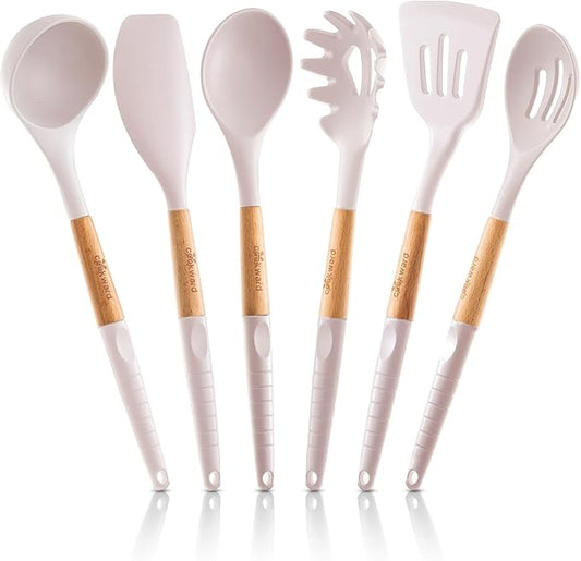 6 Pcs Cookward Silicone Cooking Utensils Set - Natural Wood Kitchen Utensils – Eco Friendly & BPA Free, Non-Scratch & Non-Stick Easy Grip -White