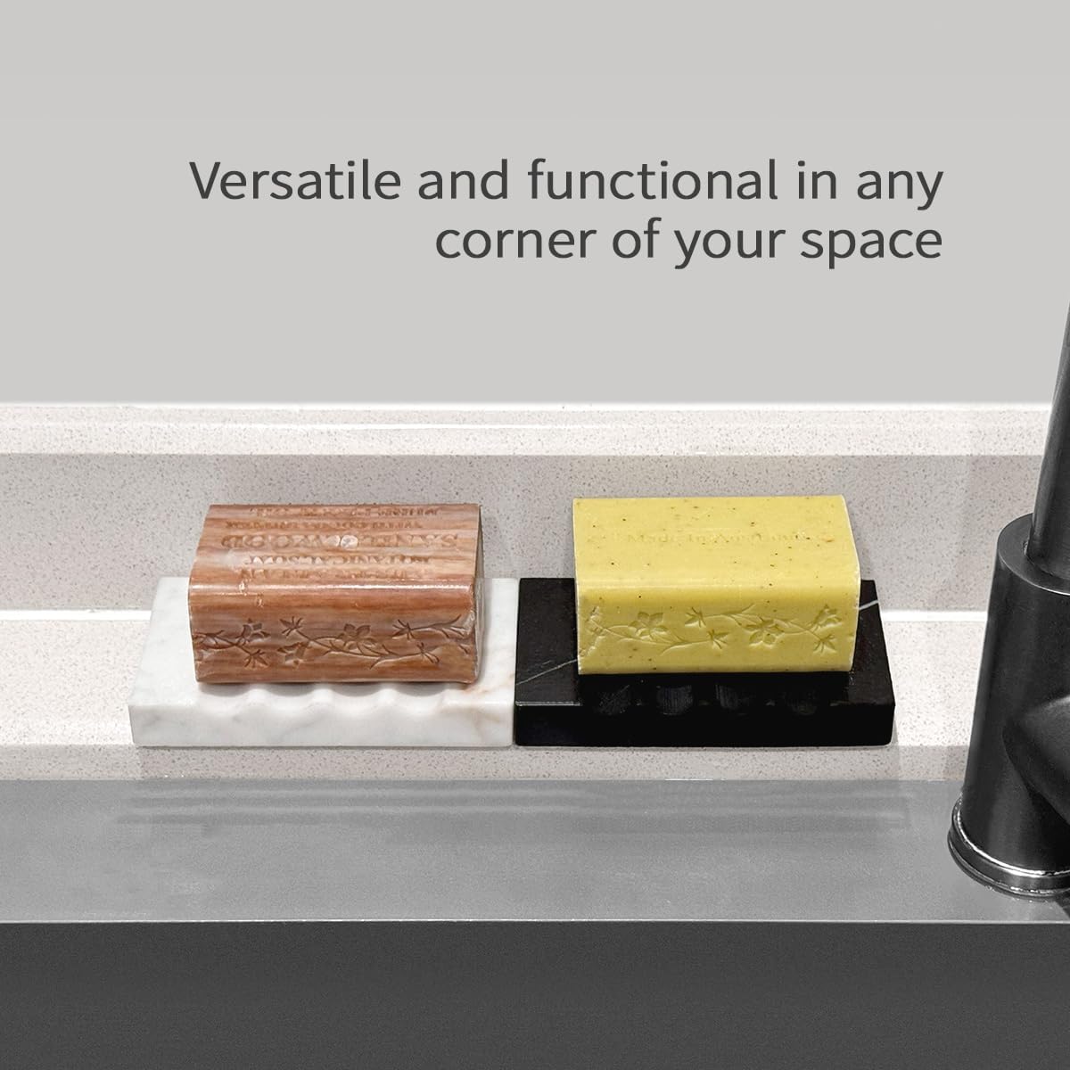 Real Matte Black Marble Soap Dish for Bathroom Sink & Shower Stone Tray Small Unique Bar Soap Holder with Draining | Non-Slip, Luxury Bath Room Accessories