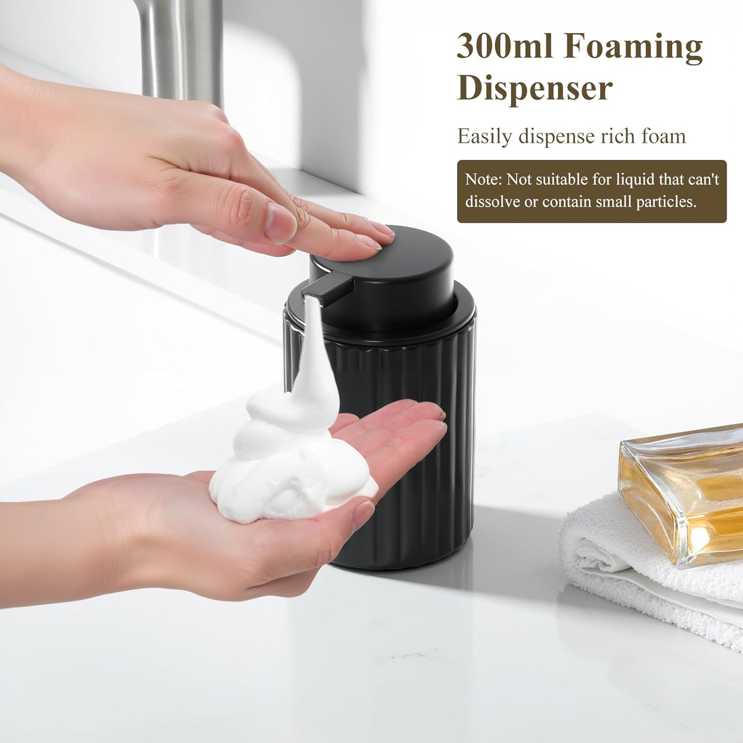 Shinowa Black Bathroom Accessories Set, 5 Pcs Bathroom Toothbrush Holder Sets with Soap Dispenser, Foaming Dispenser, Q-Tip Holder, Ceramic Tray, Bathroom Countertop Accessories Complete, Matte Black