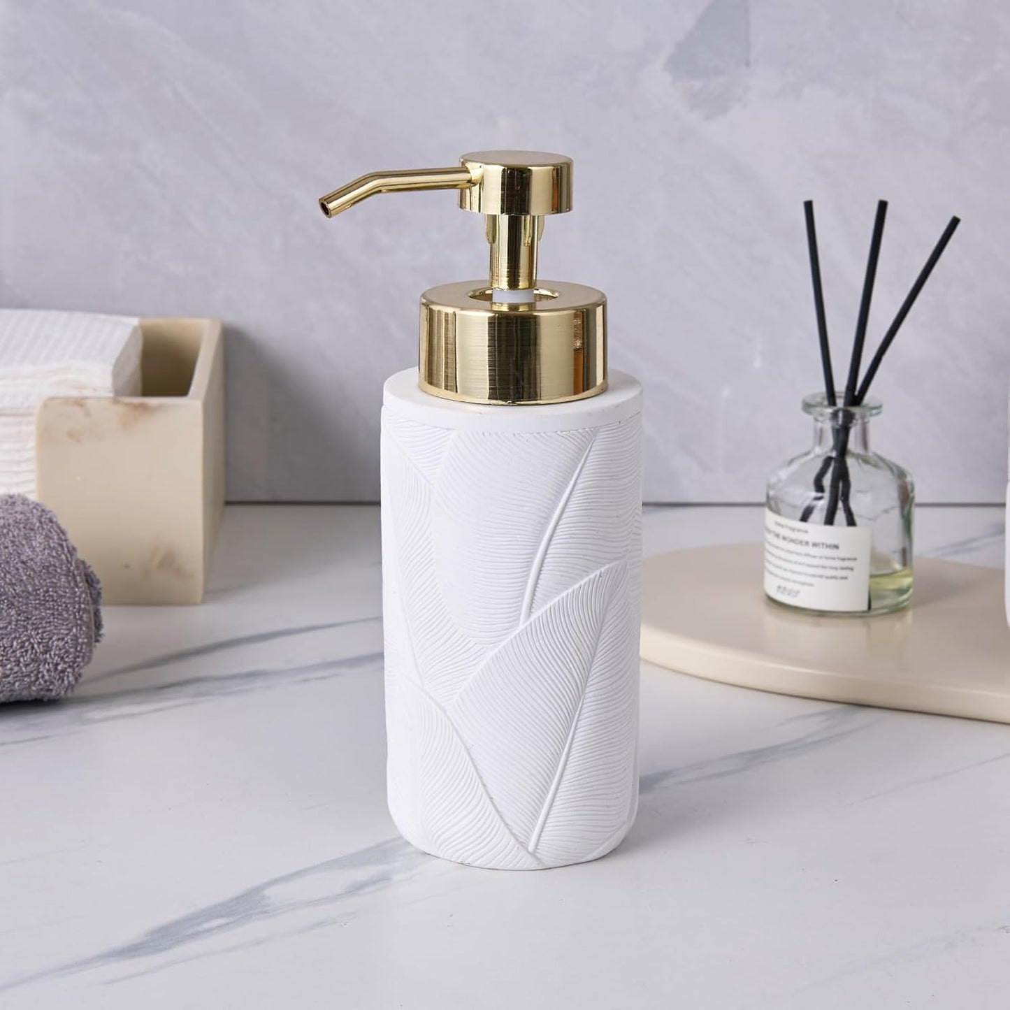 Tropical Leaves Carved Bathroom Accessories Set 3 Pcs for Countertop - Toothbrush Holder Cup, Foaming Soap Dispenser, Soap Dish - Modern Bathroom Décor Accessory Set for Housewarming Gift (White)