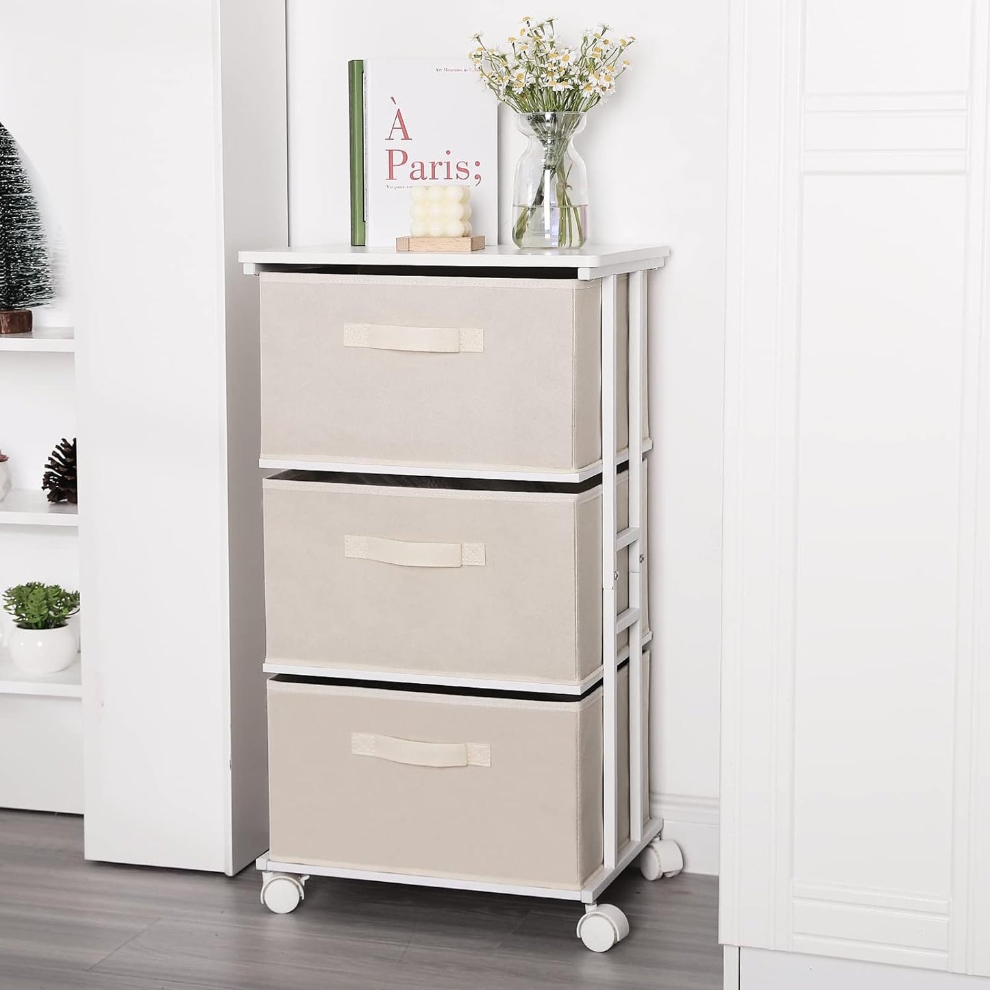 MAX Houser Dresser Tower with 3 Drawers for Bedroom, Fabric Storage Organizer Unit, Chest of Drawers with with WoodTop, Small Vertical Storage for Guest Room, Closet, Entryway, Nursery(Beige)