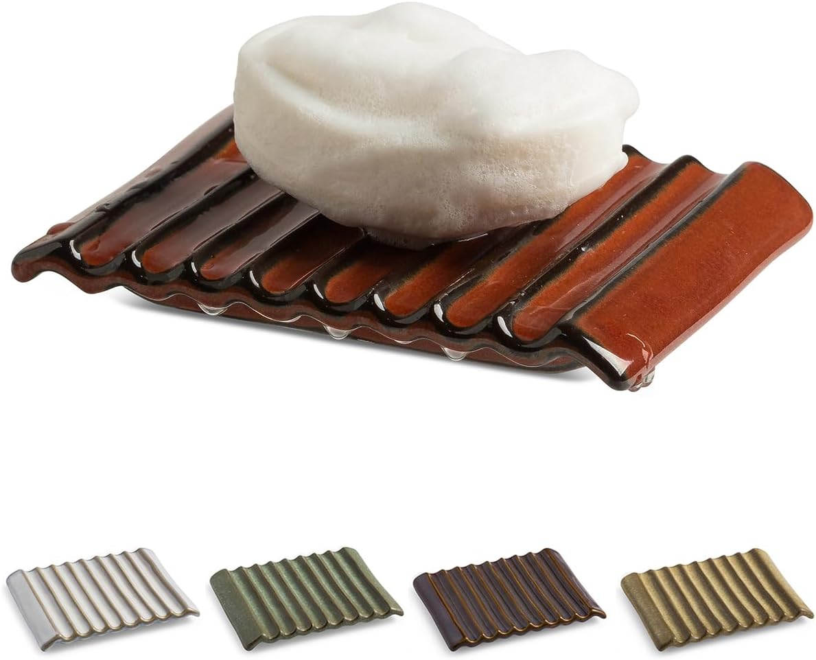 Bar Soap Holder, Ceramic Soap Dish Japanese Soap Tray for Countertop & Saver for Shower, Lift Soap Keep Dry，with Self Drain, Red