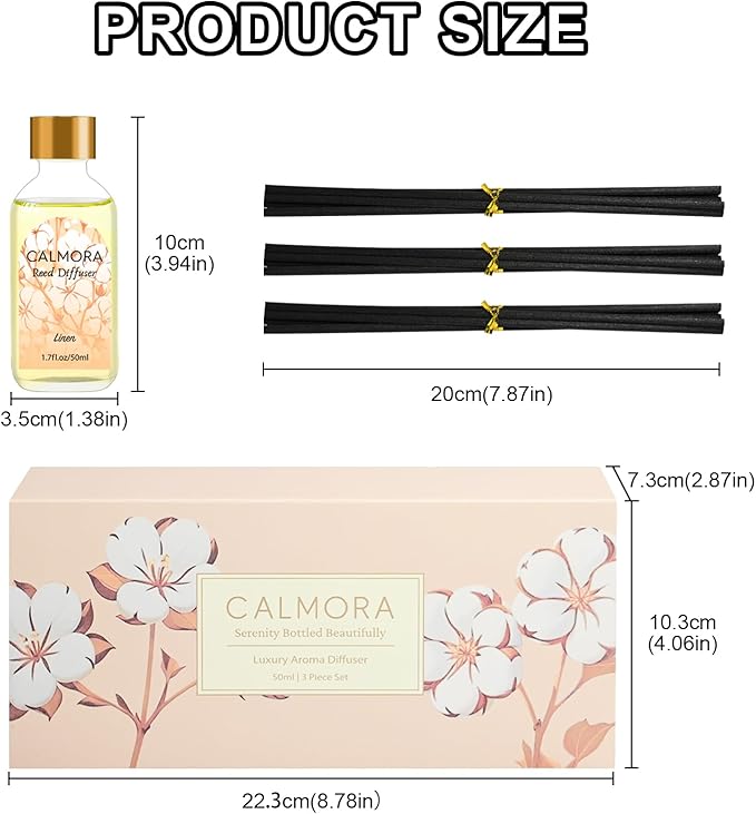 CALMORA Reed Diffuser for Bathroom & Bedroom, 3-Pack 50ml Citrus/Linen/Vanilla Scented Oil Set with 15 Sticks | Home Fragrance Diffuser, Flameless Air Freshener